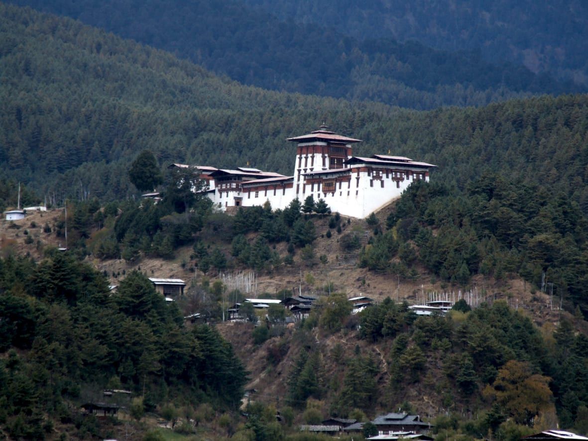 Jakar Dzong on a forested ridge above farmhouses.